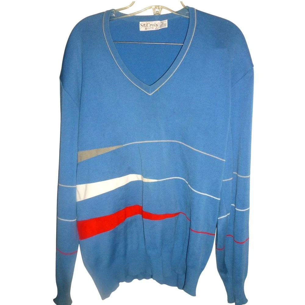 St Croix Knits Mens XL Blue V-Neck Sweater Abstract Stripe Mercerized Cotton USA
